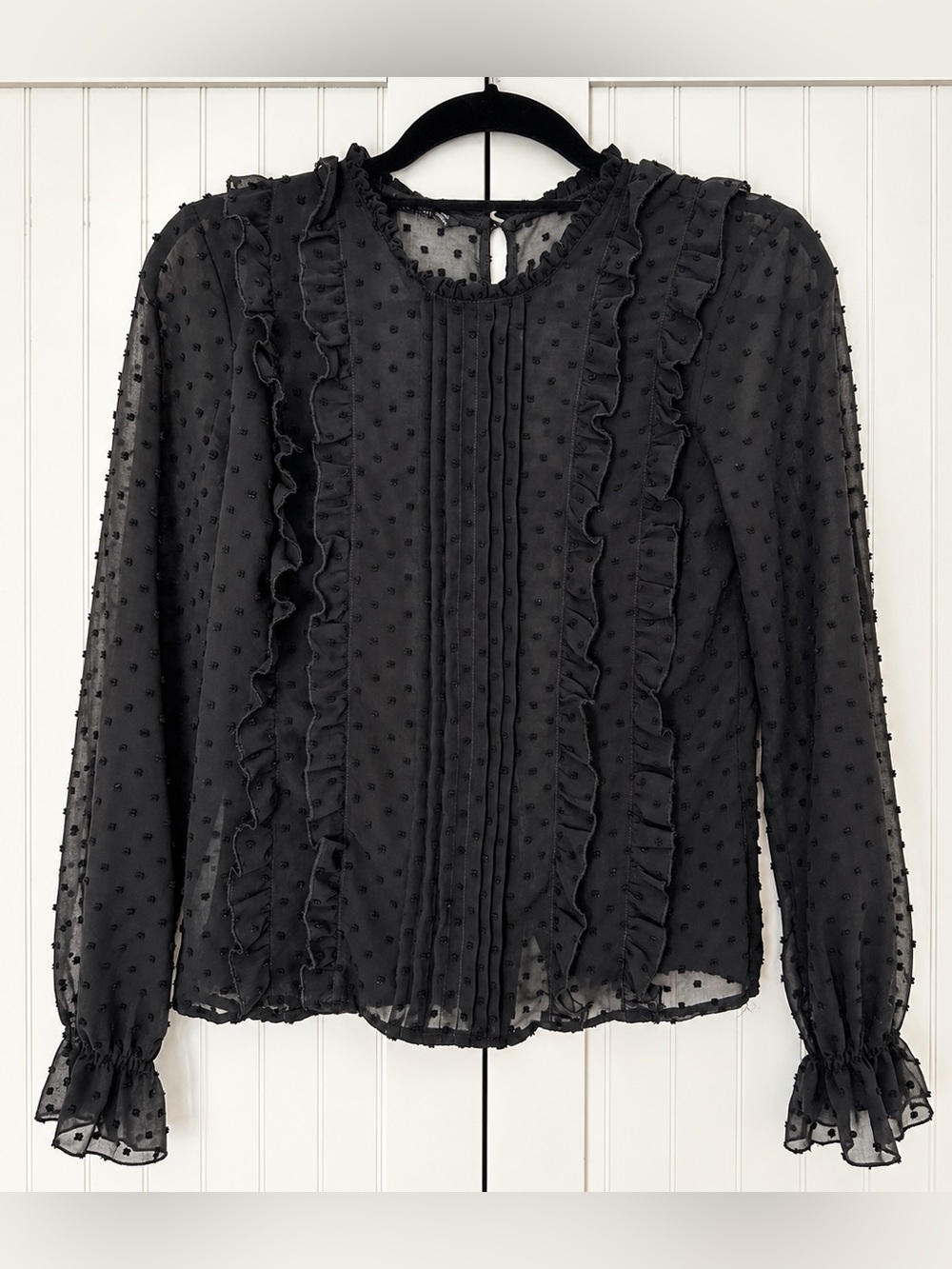 Zara Black Ruffle Swiss Dot Blouse